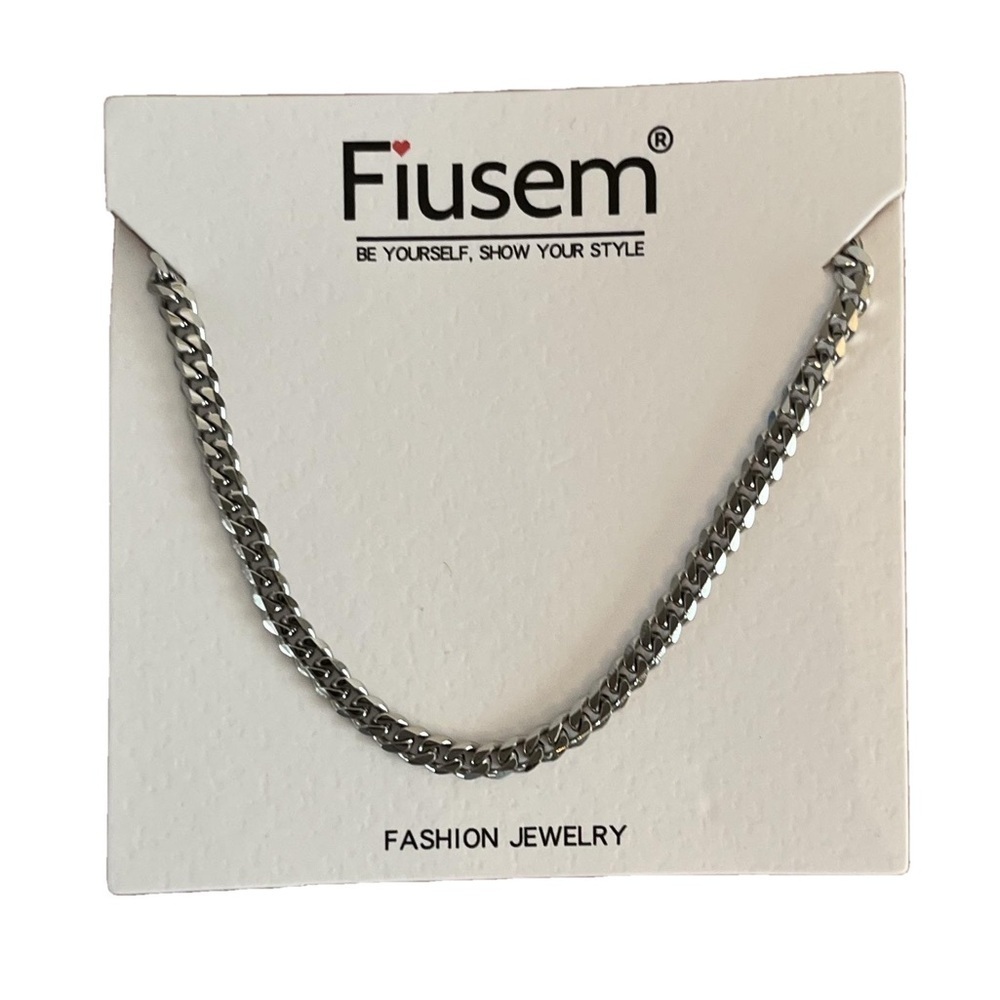 Fiusem New Silver Tone Cuban Style Chain Necklace 20”